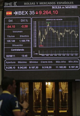 El panel de la Bolsa de Madrid muestra la evolución que tuvo el ÍBEX 35 en la jornada de ayer. / efe