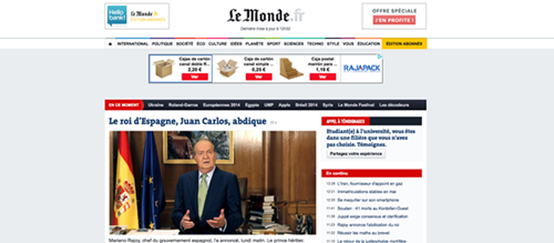 Le Monde abre su portada digital con la abdicación del rey. / DA