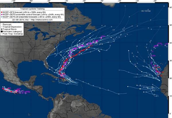Mapa de ayer con las depresiones tropicales en curso y sus posibles trayectorias. | DA