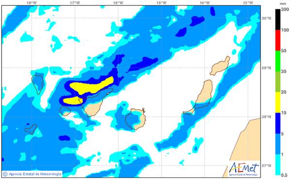 Mapa de la predicción de precipitaciones durante esta madrugada en Canarias. | Aemet