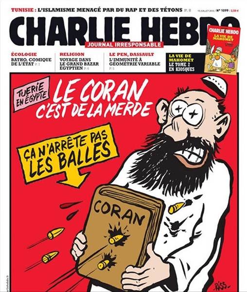 "El Corán es una mierda, no detiene las balas", se podía leer en la portada del 19 de julio de 2013, en la que se ve un musulmán recibiendo seis disparos.