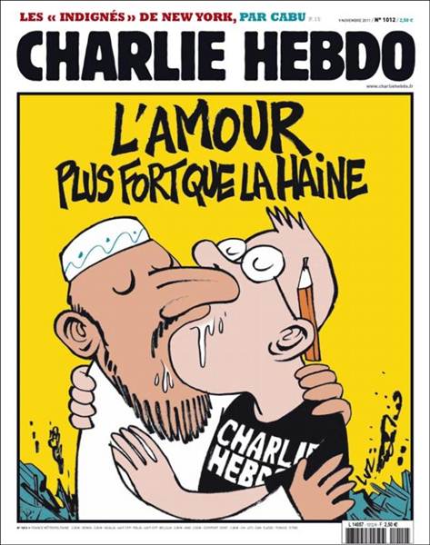 Después de que sus oficinas en París fueran incendiadas por la publicación de unas caricaturas de Mahoma, publicaron el 9 de noviembre de 2011 una imagen de un musulmán y un dibujante besándose junto con la frase "El amor es más fuerte que el odio".