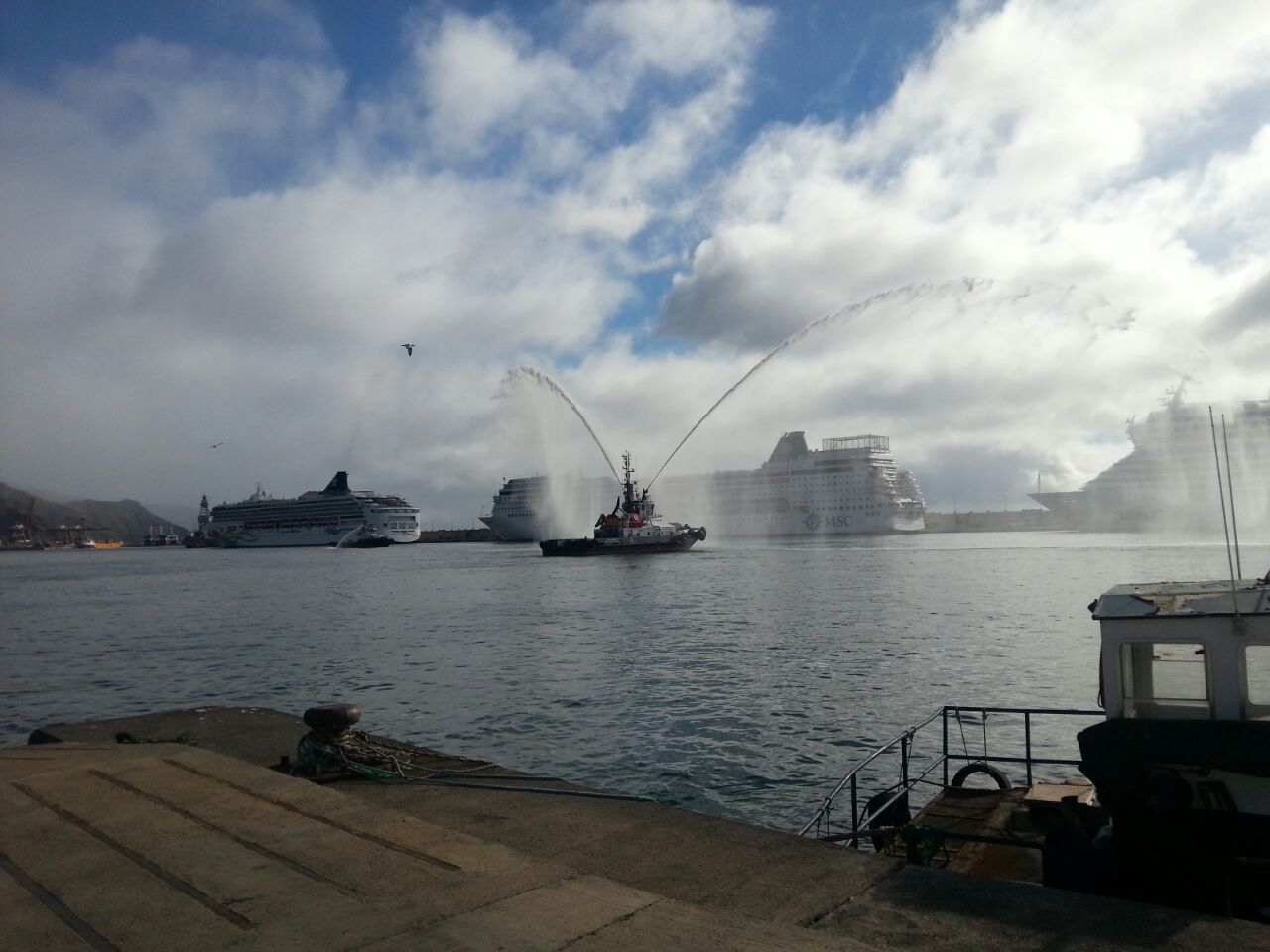 Recibimiento a los cruceros, por parte de los remolcadores de la instalación portuaria./ Los Jardiner@s