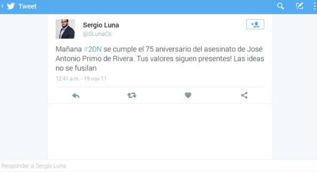Pantallazo del Tweet publicado por Sergio Luna (Ciudadanos) en 2011. / ELDIARIO.ES