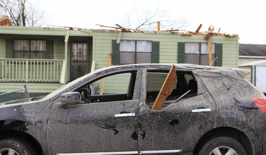 Damage caused by a tornado is seen in a neighborhood in Birmingham