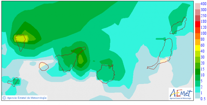 Cantidad máxima de las precipitaciones previstas el viernes 29 en Canarias, según el modelo EPS. / AEMET