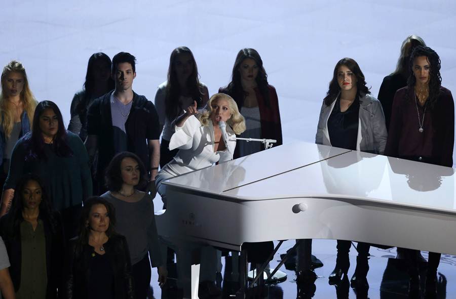 Lady Gaga sings her Oscar-nominated song “Til It Happens to You” at the 88th Academy Awards in Hollywood