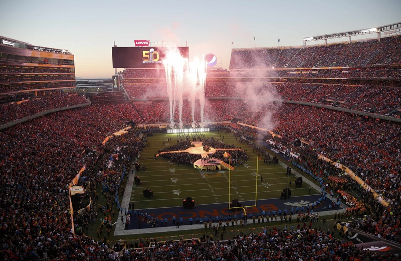 Overview of half-time show during the NFL's Super Bowl 50 football game between the Carolina Panthers and the Denver Broncos in Santa Clara