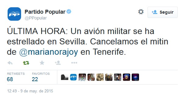 Rajoy cancela su mitin en Tenerife debido al accidente del avión militar en Sevilla