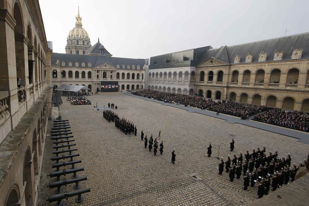 General view of the courtyard during a ceremony to pay a national homage to the victims of the Paris attacks at Les Invalides monument in Paris